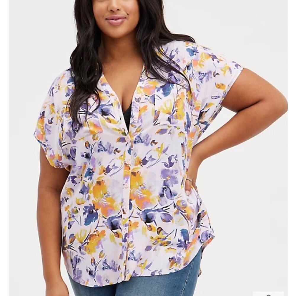 Torrid Pink Floral Slub Dolman Top Womens Sz 2X Relaxed Button-Front Tee